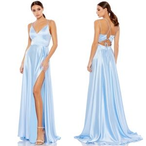 Mac Duggal Light Blue Satin Maxi Dress